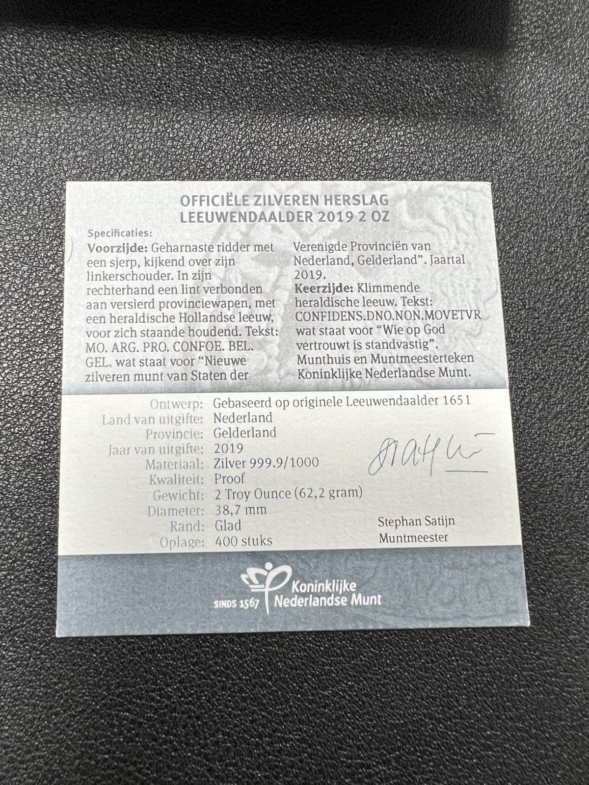2019 Netherlands Lion Dollar Restrike 2 Troy Oz 999 Silver Round with COA