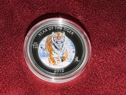 2010 Pitcairn Island 1 oz .999 Silver Coin $2 Tiger (Paw Print Box)