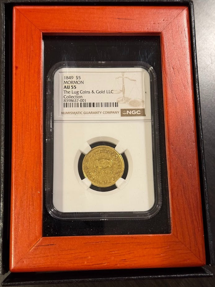 1849 $5 DOLLAR GOLD MORMON TERRITORIAL NGC AU55 VERY RARE UTAH SALT LAKE CITY