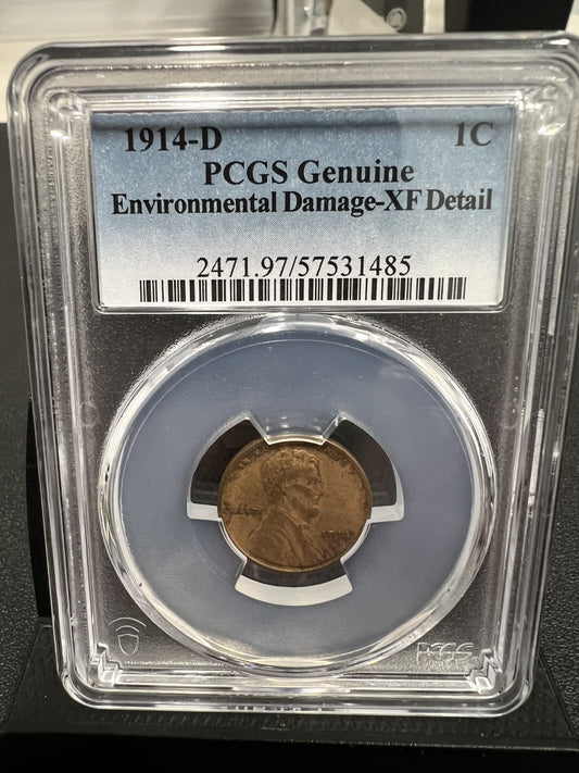 1914 D Lincoln Wheat Cent PCGS Genuine Enviro Damage-XF Detail