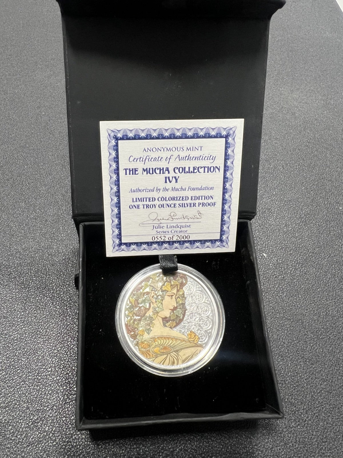 2017 Alfonse Mucha colorized Lady Ivy 1oz Silver coin w/Box and COA