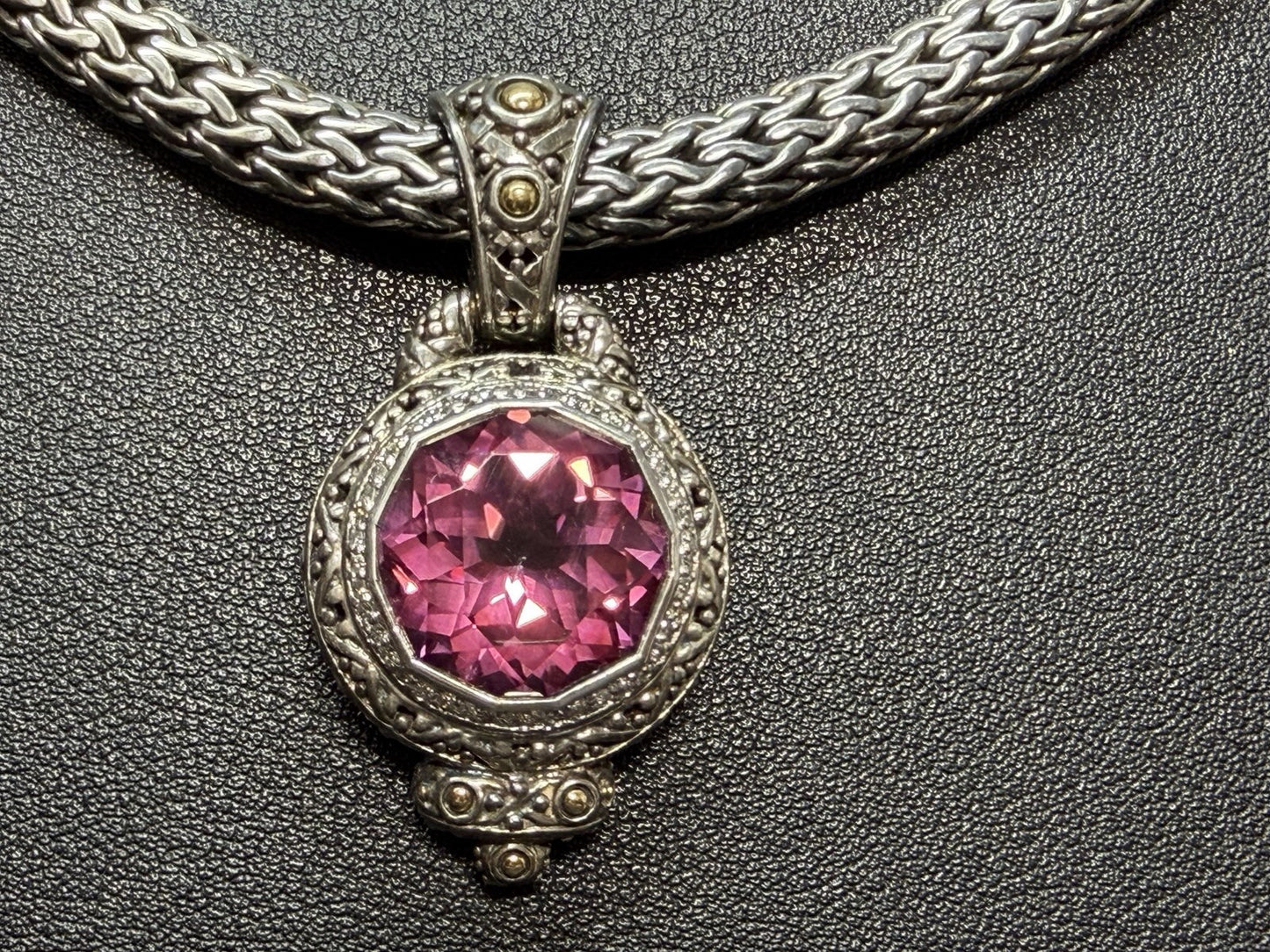 John Hardy Sterling Silver 7mm Wheat Necklace 16" Pink Saphire Diamonds 18k Gold