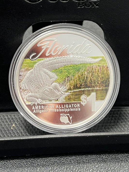 2014 Florida Natives:Colorized American Alligator 1oz Silver Coin w/ box and COA