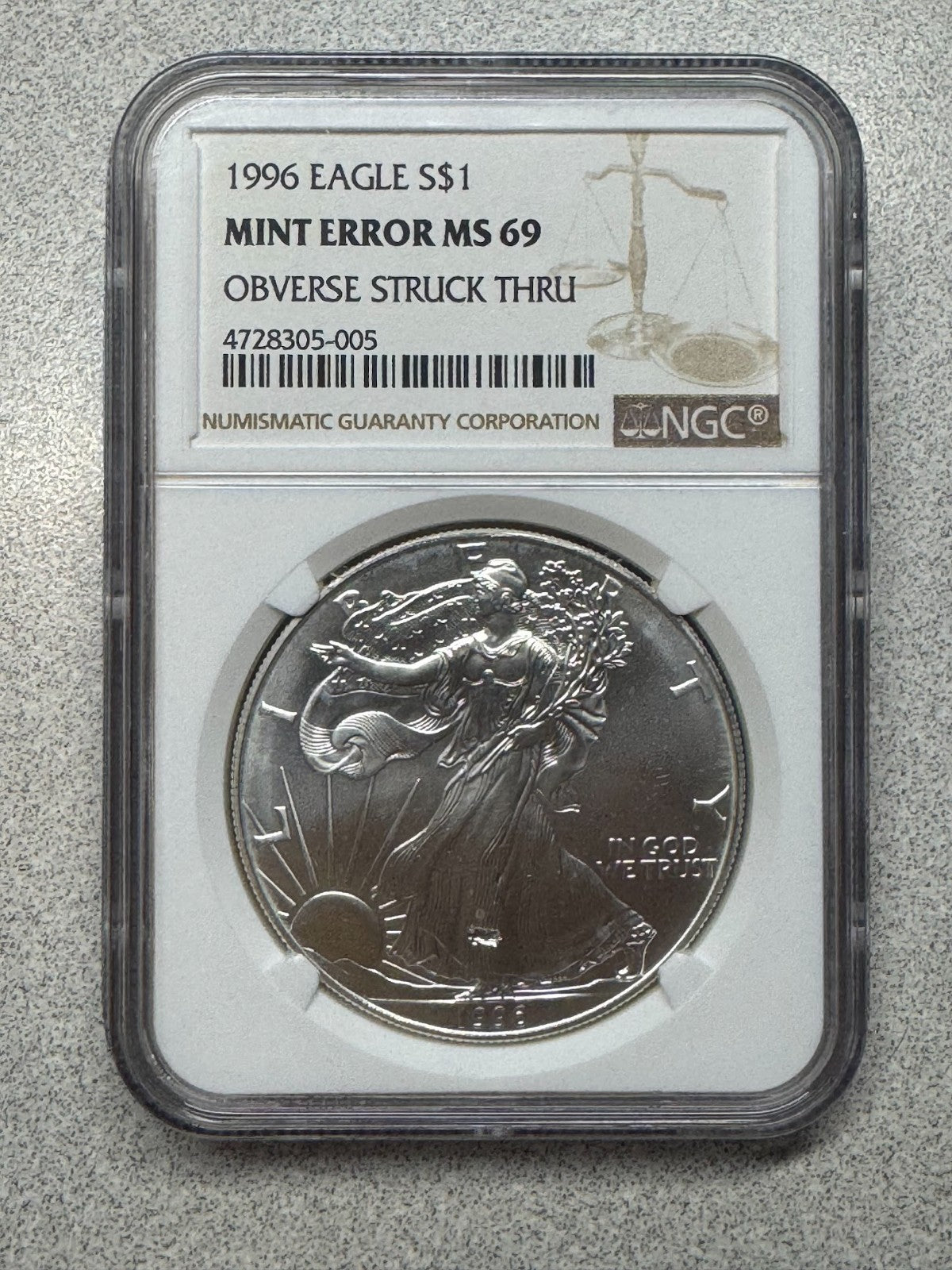 1996 Silver Eagle Mint Error MS69 Obverse LARGE Struck Thru Key Date ASE