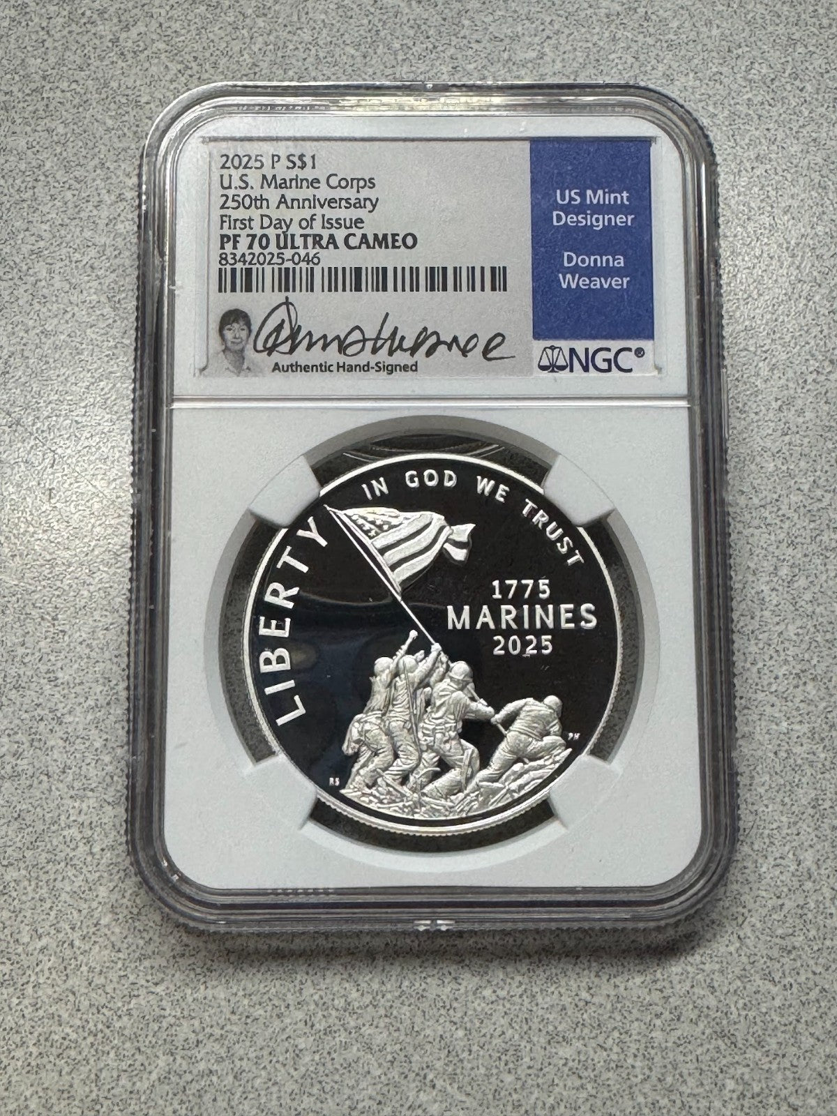 2025 P PROOF SILVER USMC MARINE CORPS 250TH ANN DOLLAR NGC PF70 FDI DONNA WEAVER