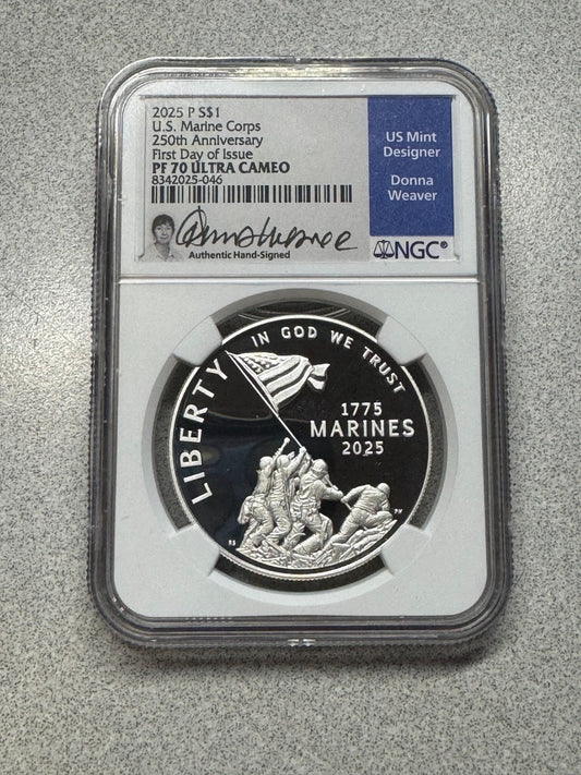 2025 P PROOF SILVER USMC MARINE CORPS 250TH ANN DOLLAR NGC PF70 FDI DONNA WEAVER