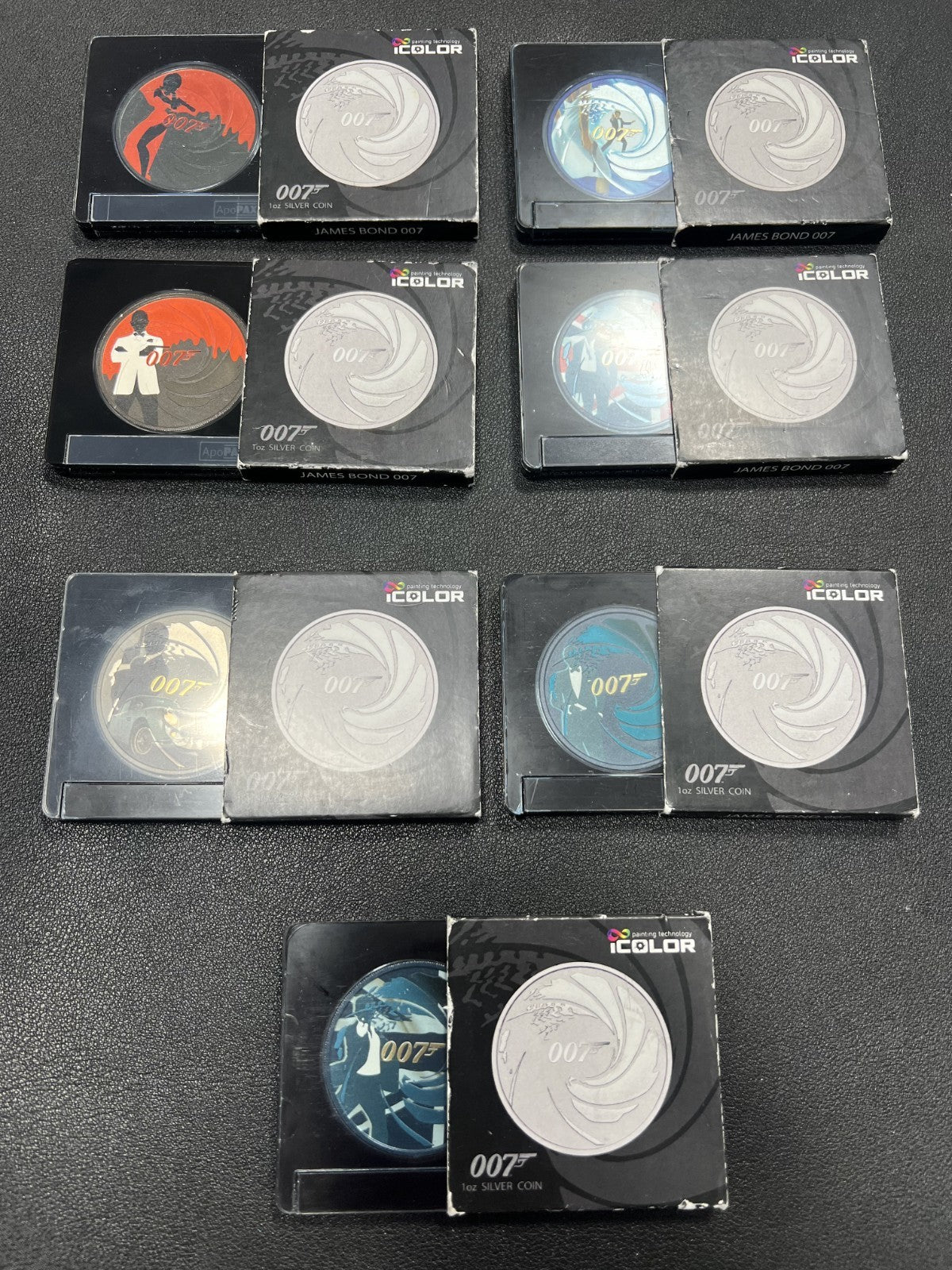 007 JAMES BOND Limited edition 1 oz. Silver Coin – Colorized set of 7– .999 Fine