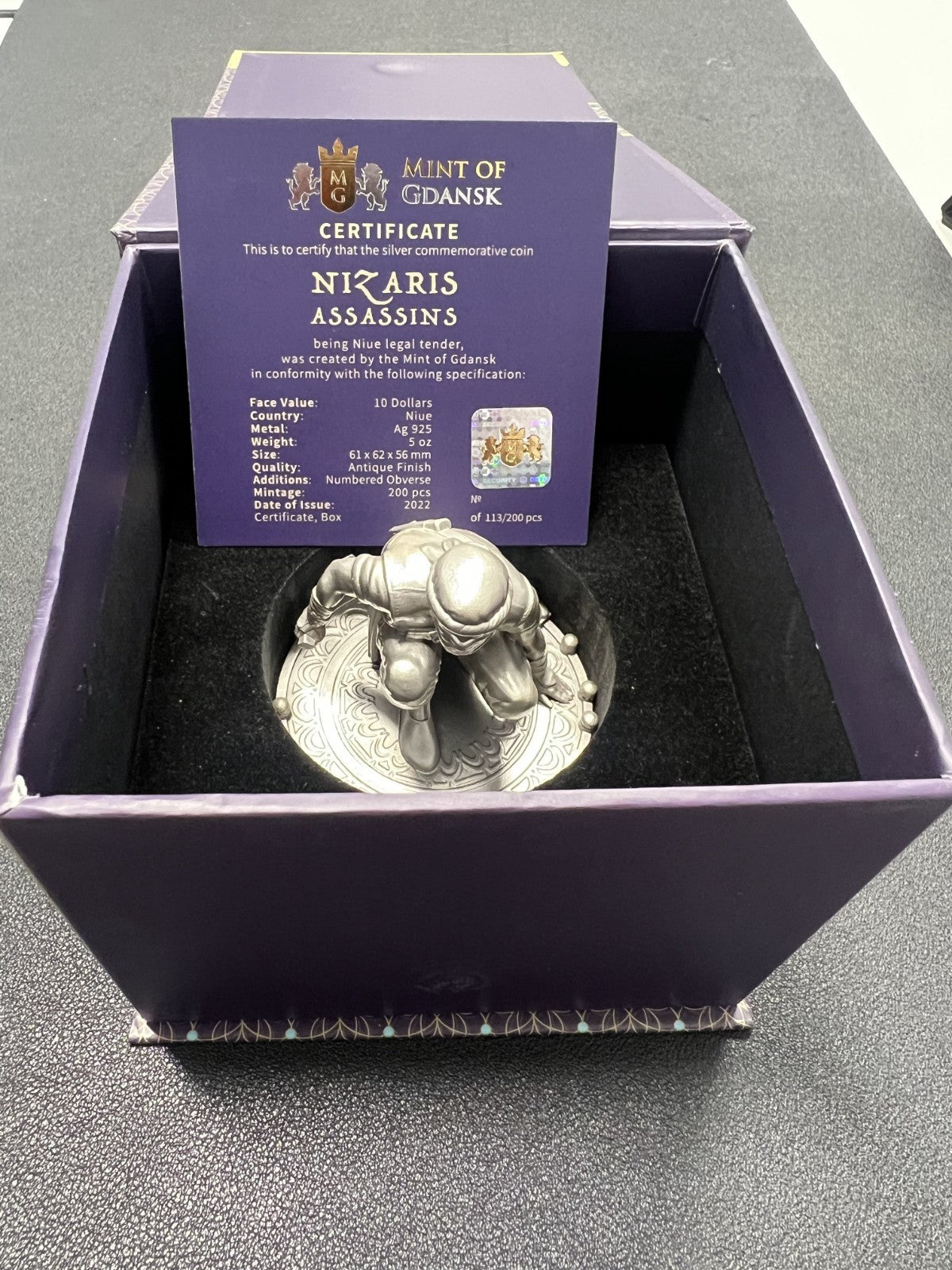 2022 Niue Assassins Nizaris 5oz Silver Antiqued Statue Coin
