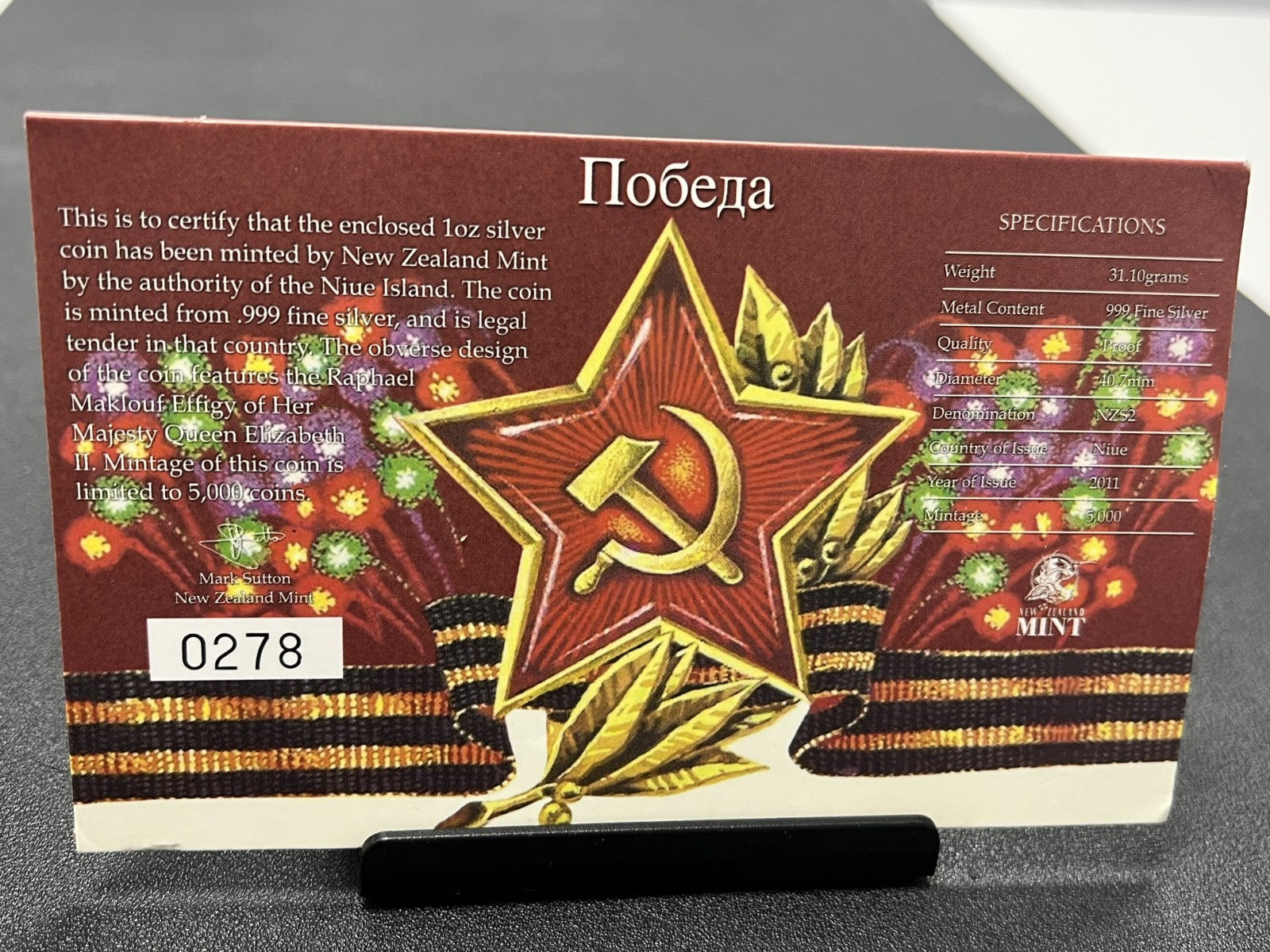 2011 $2 NIUE - WWII VICTORY SOVIET UNION 1945 SILVER PROOF  COIN - COA