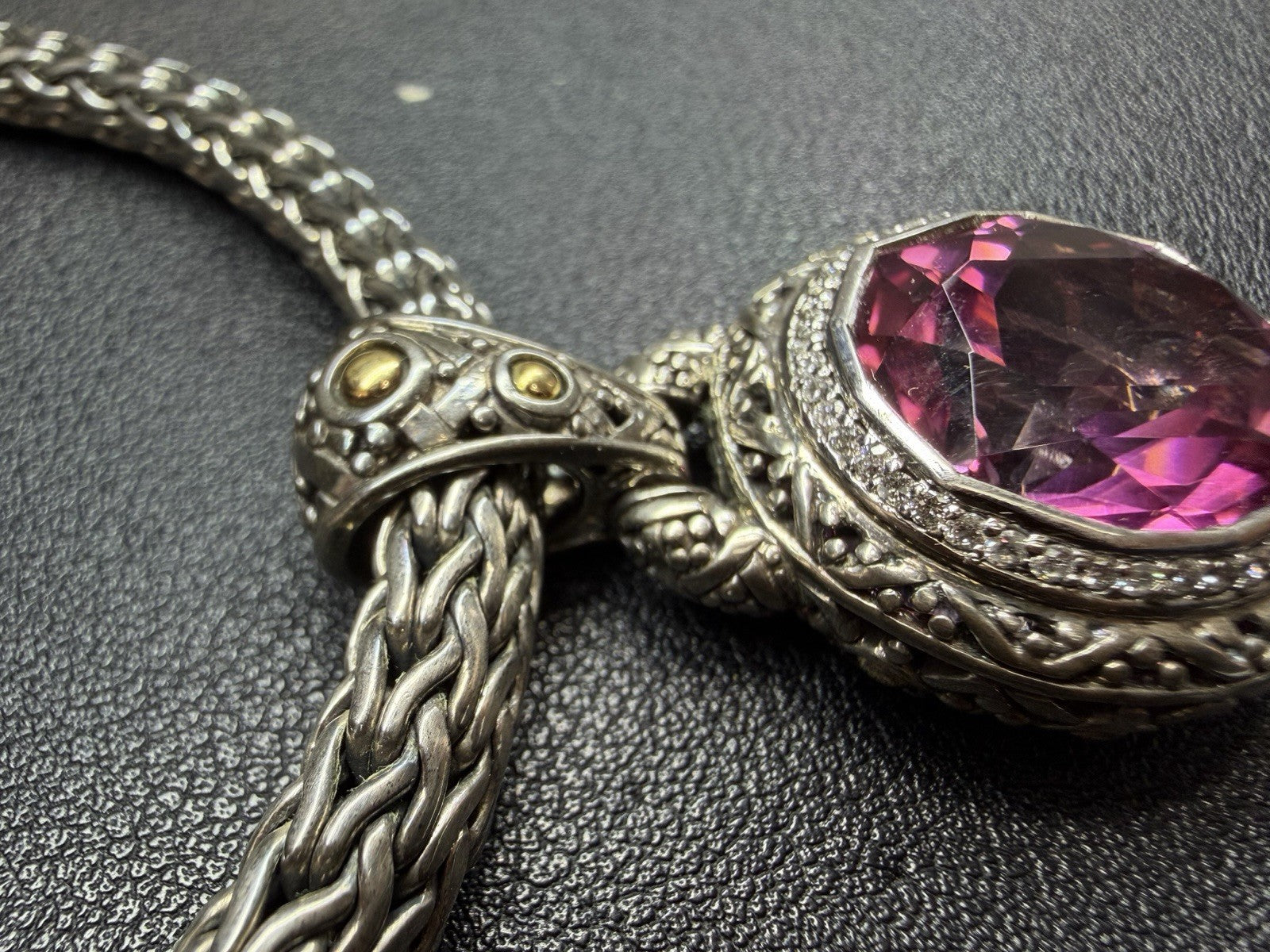 John Hardy Sterling Silver 7mm Wheat Necklace 16" Pink Saphire Diamonds 18k Gold