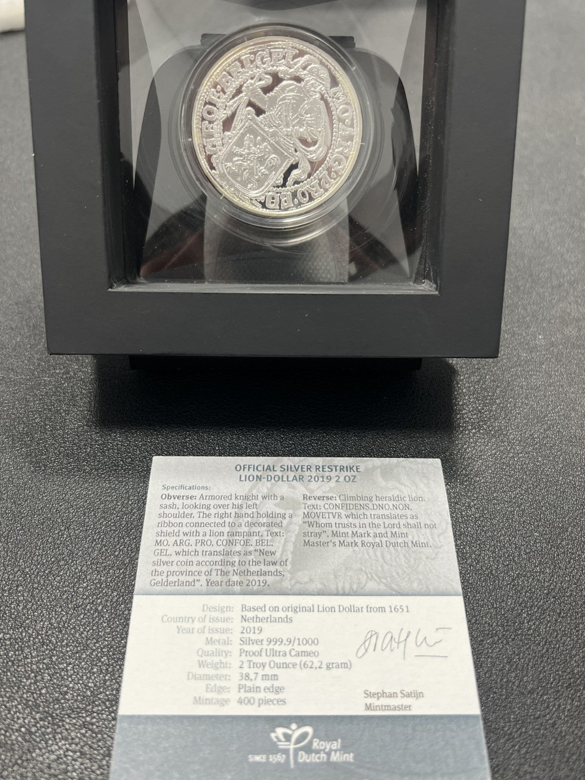 2019 Netherlands Lion Dollar Restrike 2 Troy Oz 999 Silver Round with COA
