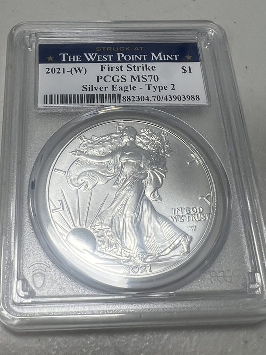2021-W SILVER EAGLE PCGS MS70 TYPE 2 FIRST STRIKE-WEST POINT ASE MS 70 $1
