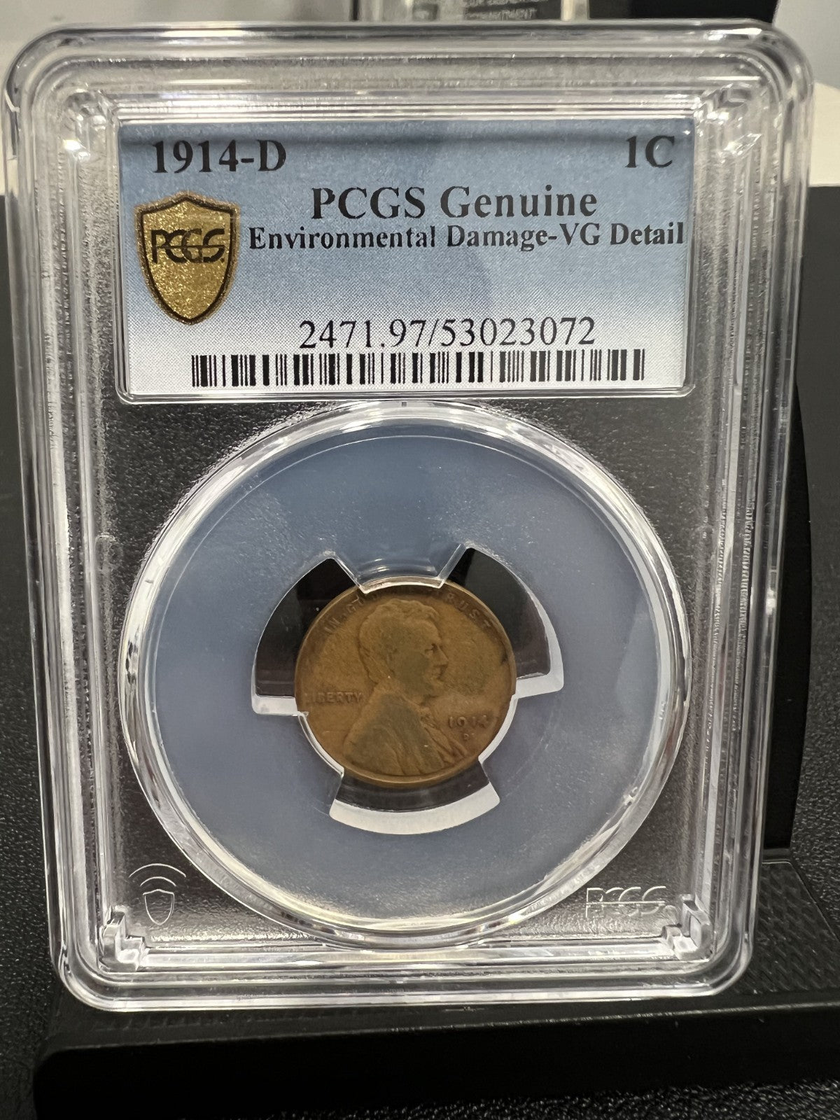 1914 D Lincoln Wheat Cent PCGS Genuine Enviro Damage-VG Detail