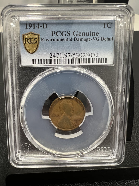 1914 D Lincoln Wheat Cent PCGS Genuine Enviro Damage-VG Detail