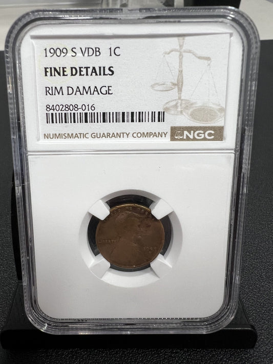 1909 S VDB Lincoln Wheat Cent PCGS Fine Details RIM DAMAGE