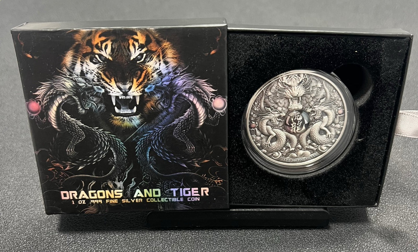 2022 1 Oz .999 Silver Chad Proof Dragons And Tiger Holographic Antiqued Coin