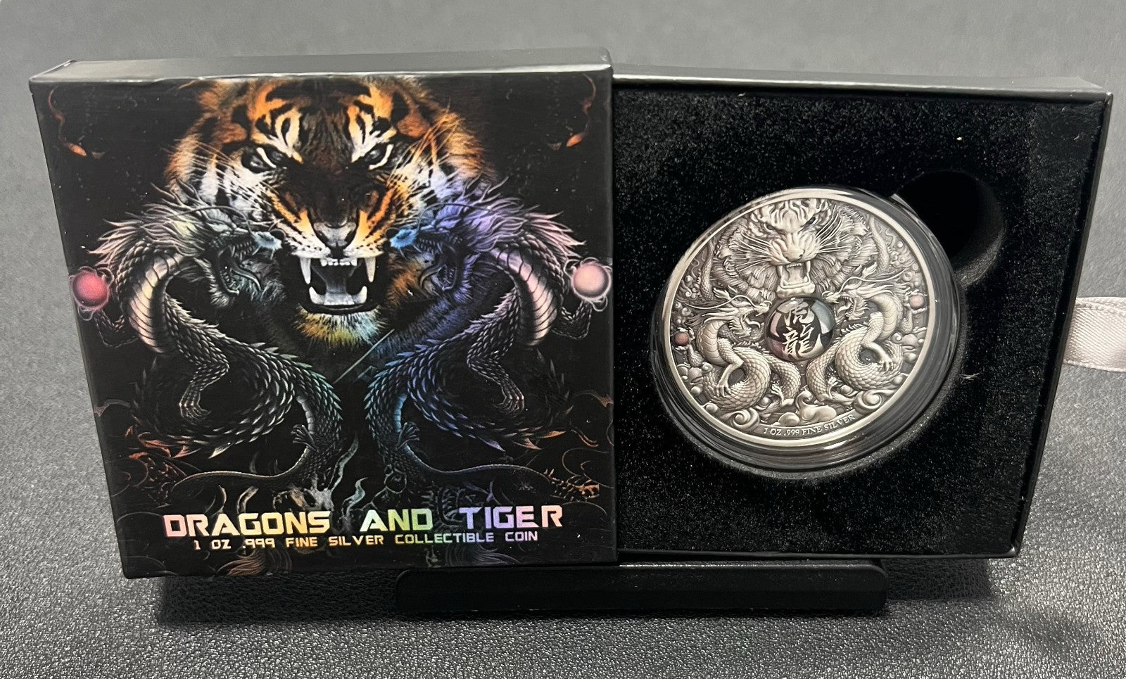 2022 1 Oz .999 Silver Chad Proof Dragons And Tiger Holographic Antiqued Coin