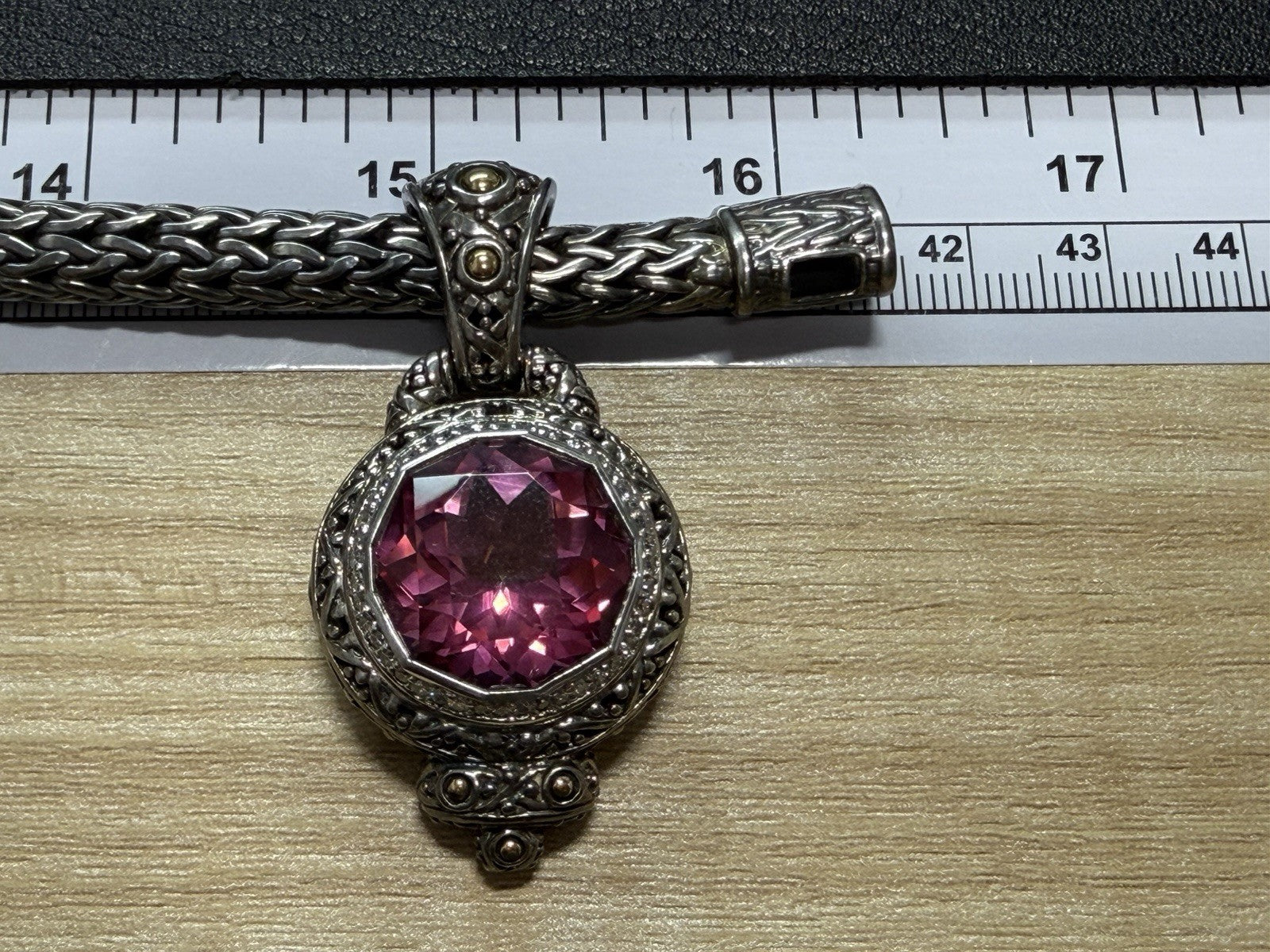 John Hardy Sterling Silver 7mm Wheat Necklace 16" Pink Saphire Diamonds 18k Gold