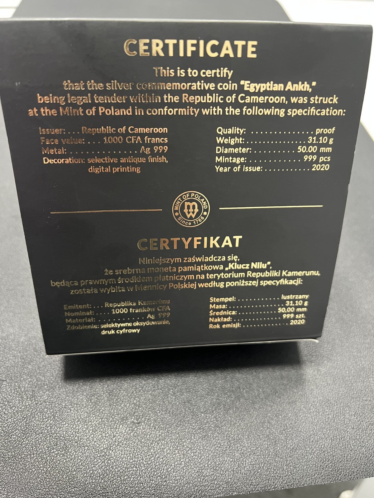 2020 Egyptian Ankh 1 oz 999 Silver Proof Republic of Cameroon w/ box and COA