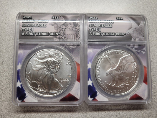 2021 American Silver Eagle ANACS MS70 First Strike Coin Type 1 & T2 T1 Set ASE