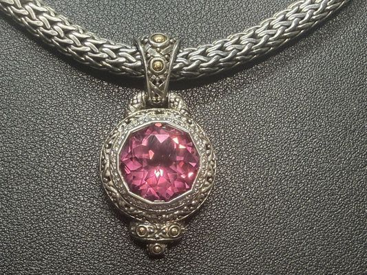 John Hardy Sterling Silver 7mm Wheat Necklace 16" Pink Saphire Diamonds 18k Gold