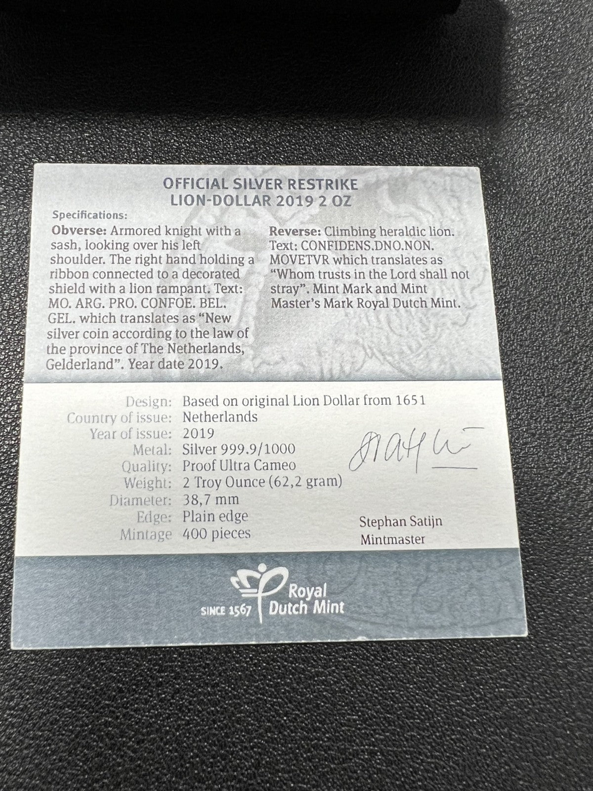 2019 Netherlands Lion Dollar Restrike 2 Troy Oz 999 Silver Round with COA