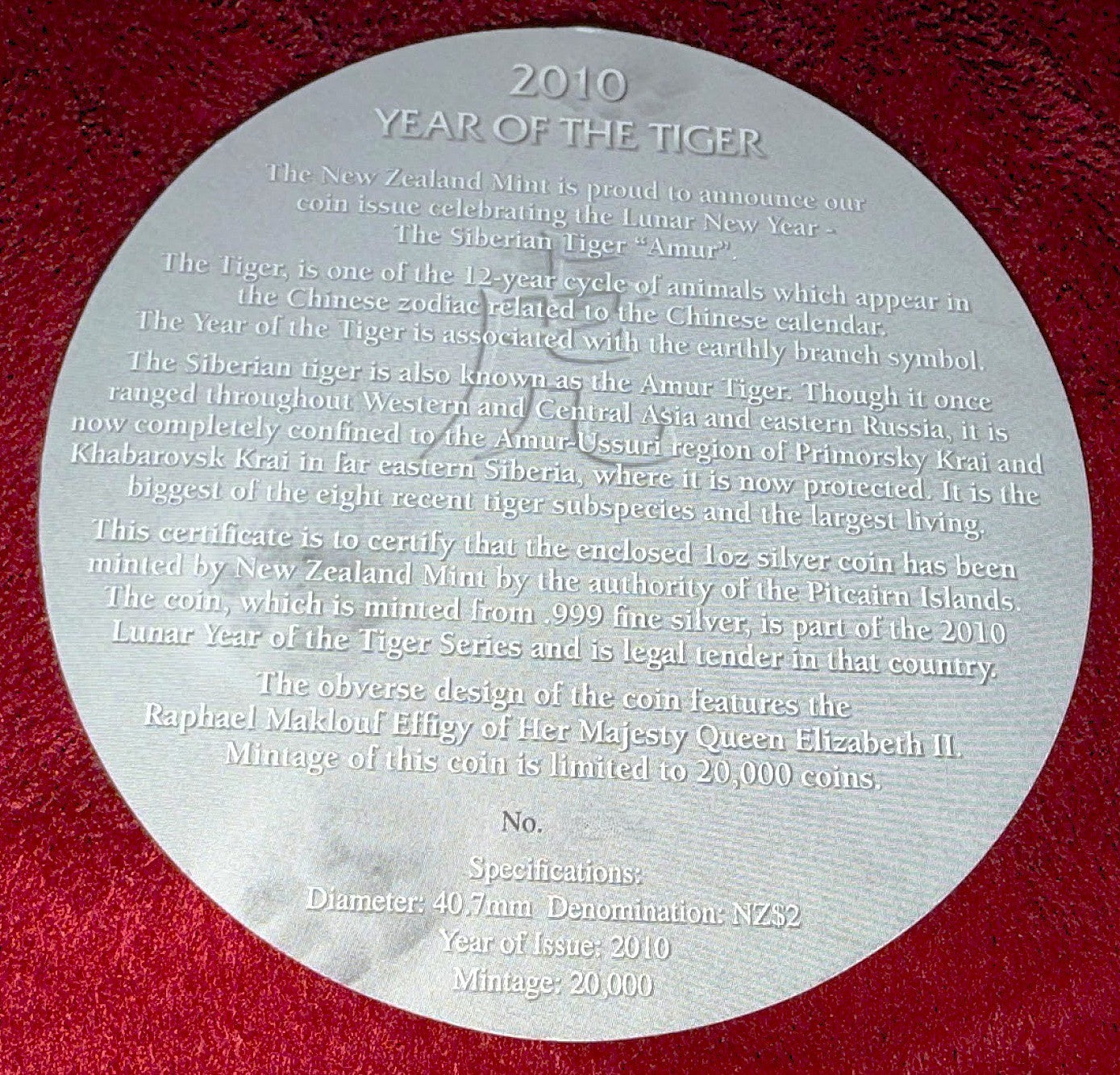 2010 Pitcairn Island 1 oz .999 Silver Coin $2 Tiger (Paw Print Box)