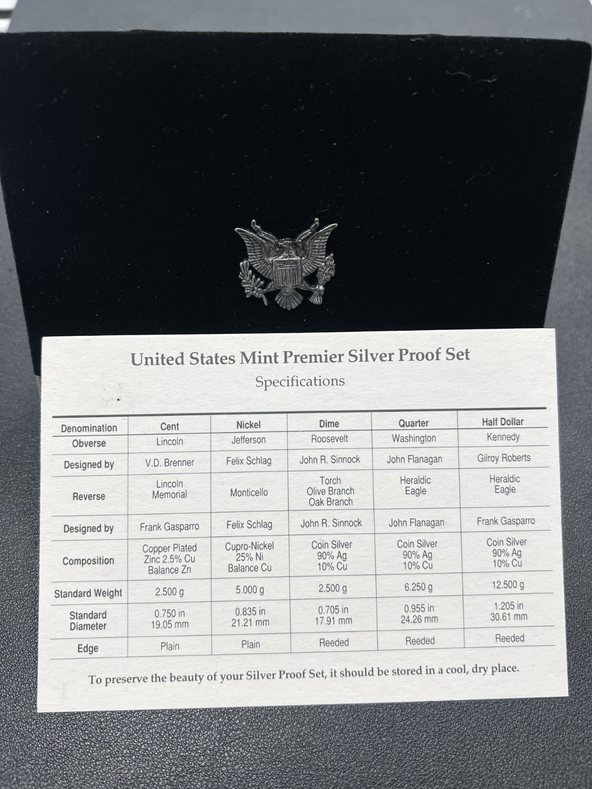 1998 United States Mint Premier Silver Proof Set 5 Coins Original Display Box