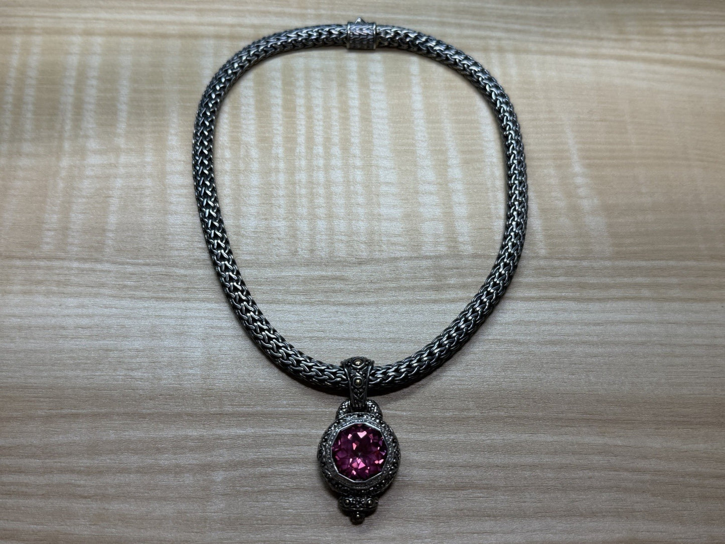 John Hardy Sterling Silver 7mm Wheat Necklace 16" Pink Saphire Diamonds 18k Gold
