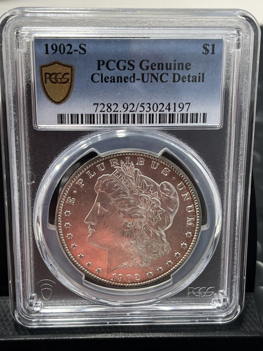 1902-S MORGAN SILVER DOLLAR PCGS Genuine Cleaned-UNC Detail