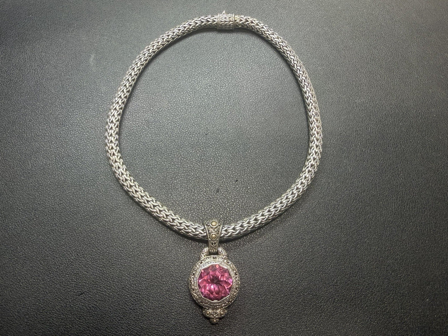 John Hardy Sterling Silver 7mm Wheat Necklace 16" Pink Saphire Diamonds 18k Gold