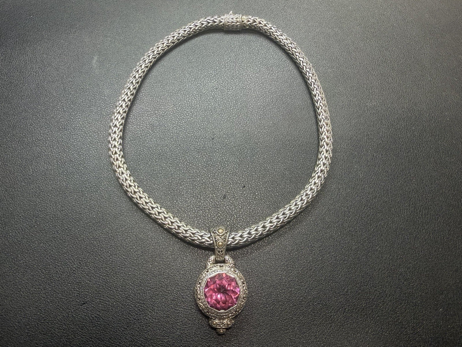 John Hardy Sterling Silver 7mm Wheat Necklace 16" Pink Saphire Diamonds 18k Gold