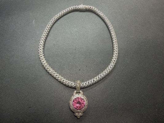 John Hardy Sterling Silver 7mm Wheat Necklace 16" Pink Saphire Diamonds 18k Gold