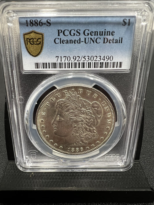 1886-S MORGAN SILVER DOLLAR PCGS GENUINE CLEANED UNC DETAIL