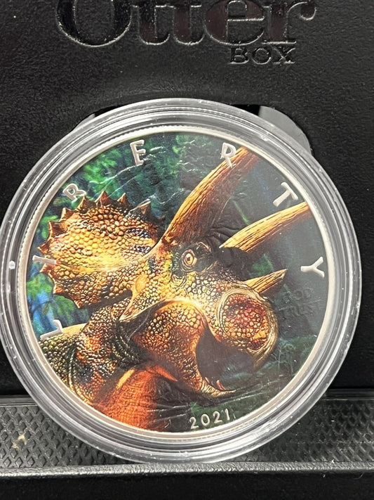 1oz.999 $1 SILVER EAGLE"TRICERATOPS "COLORIZED coin