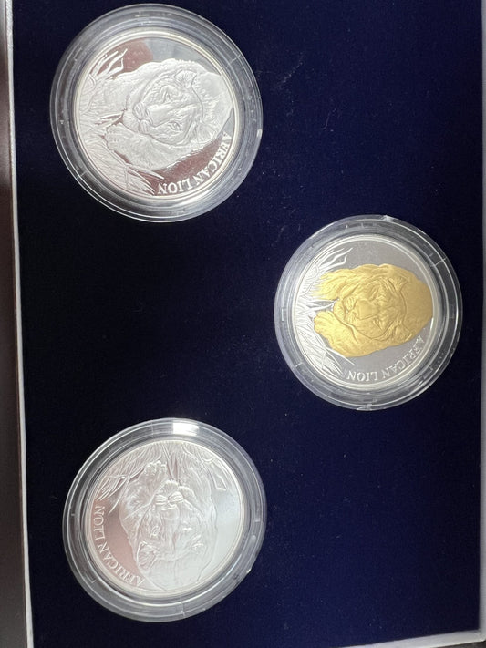 2017 Chad Lion 5000 Franc 3 piece silver set Proof, Unc & Gilt Proof in wood box