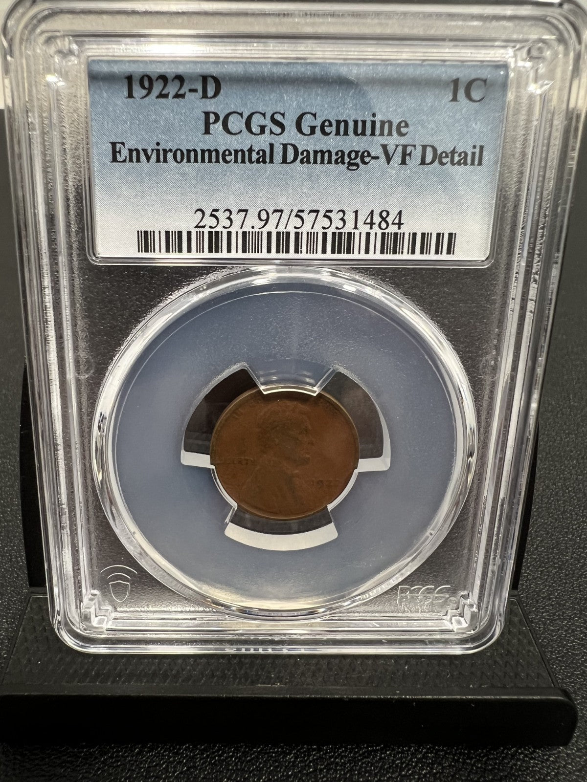 1922 D Lincoln Wheat Cent PCGS Genuine Enviro Damage-VF Detail