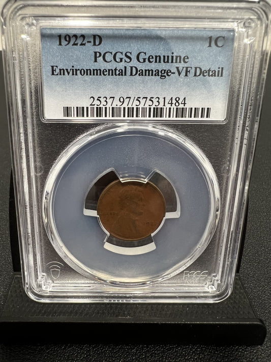 1922 D Lincoln Wheat Cent PCGS Genuine Enviro Damage-VF Detail