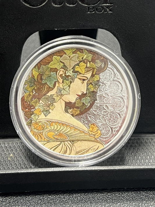 2017 Alfonse Mucha colorized Lady Ivy 1oz Silver coin w/Box and COA