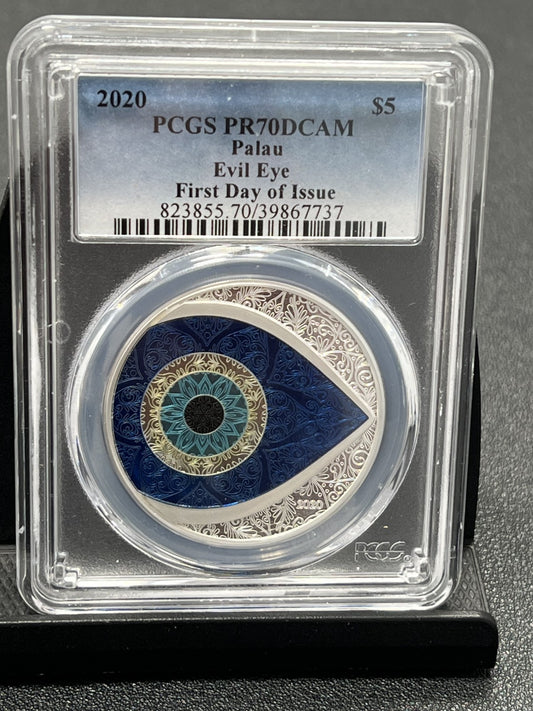 Palau 5 dollars 2020, PCGS PR70DCAM Evil Eye, Colorized 1 oz Silver coin
