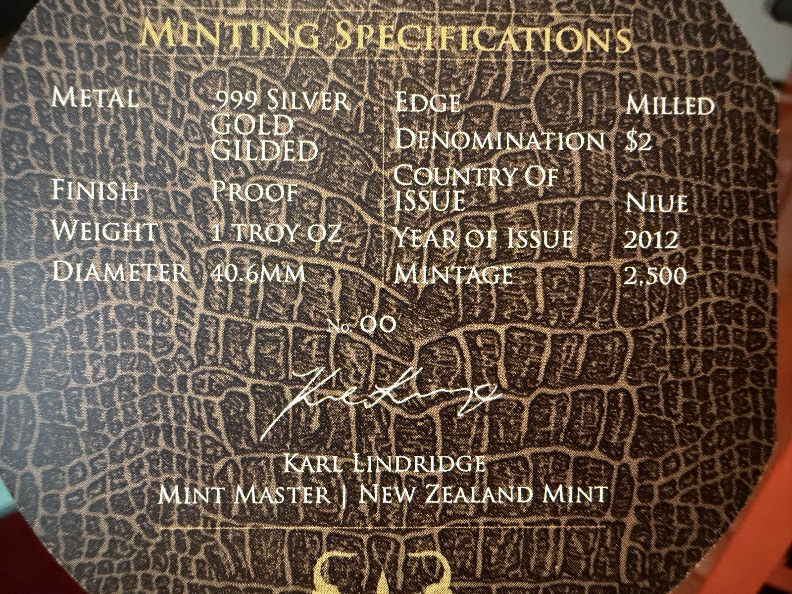 RARE NIUE 2012 FLORIDA ALLIGATOR GOLD GILDED PROOF SILVER 2500 MINTED COA & OGP