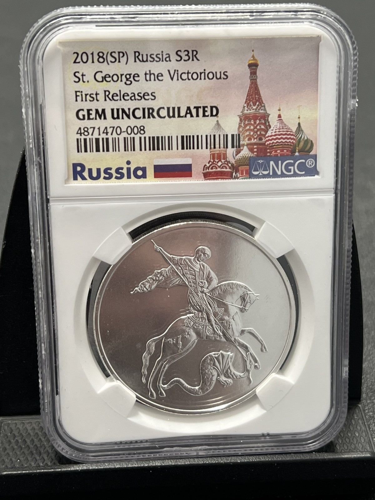 2018(SP) Russia 3 Rubles NGC Gem Unc. Silver ,St George The Victorious