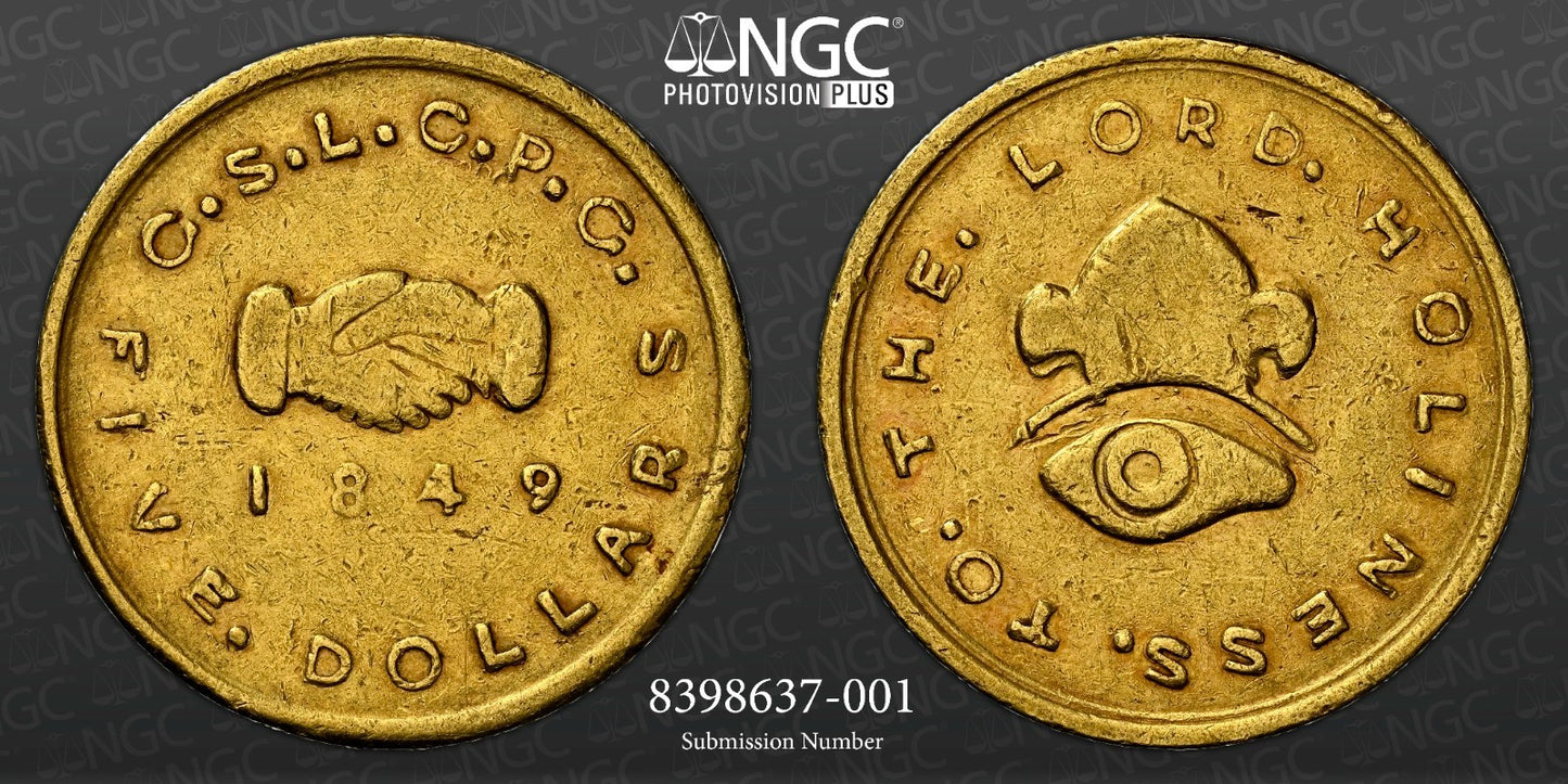 1849 $5 DOLLAR GOLD MORMON TERRITORIAL NGC AU55 VERY RARE UTAH SALT LAKE CITY