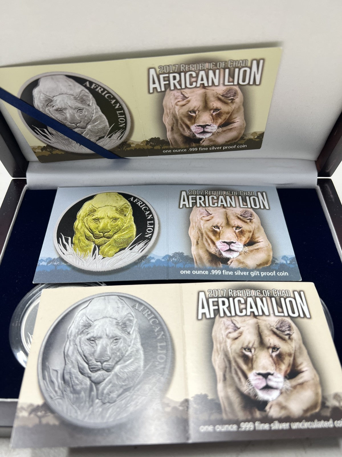 2017 Chad Lion 5000 Franc 3 piece silver set Proof, Unc & Gilt Proof in wood box