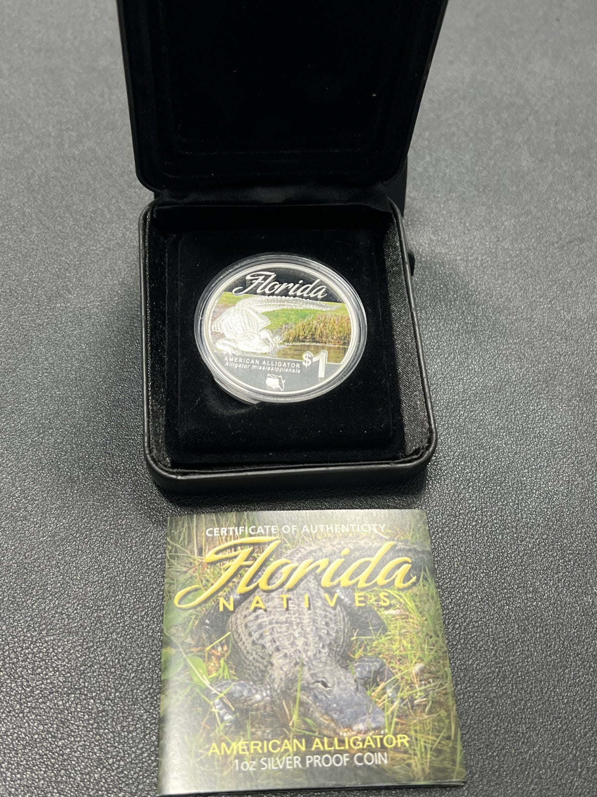 2014 Florida Natives:Colorized American Alligator 1oz Silver Coin w/ box and COA
