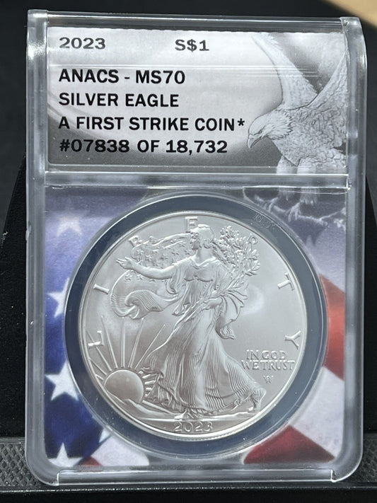 2023 $1 AMERICAN SILVER EAGLE ANACS MS70 FIRST STRIKE MS 70 #07838 OF 18732