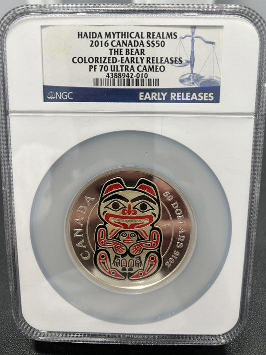 2016 THE BEAR SILVER COIN 5oz HAIDA MYTHICAL REALMS CANADA PF70UC ER COLORIZED