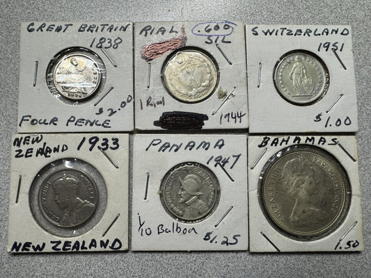 Lot 6 World Silver Coins New Zealand Panama Switzerland Bahamas Britain Balboa