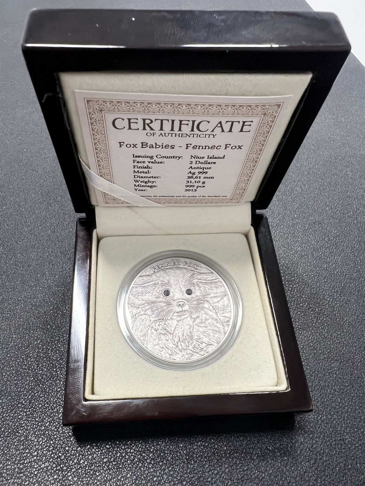 2013 $2 Niue FENNEC FOX BABIES Antique Finish 1 Oz Silver Coin
