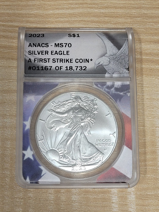 2023 American Silver Eagle ANACS MS70 First Strike Flag Core